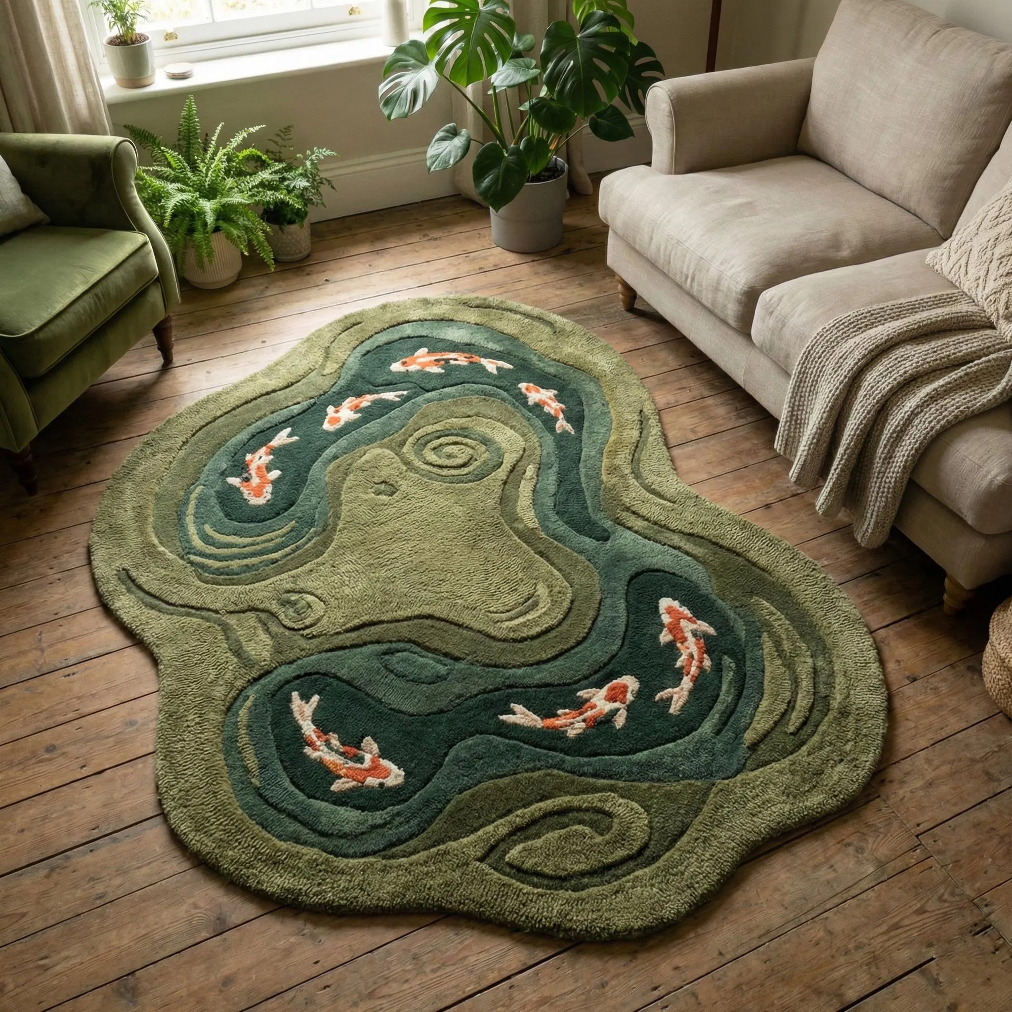 Koi Fish Pond Hand Tufted Rug, Irregular Shaped Wool Area Carpet