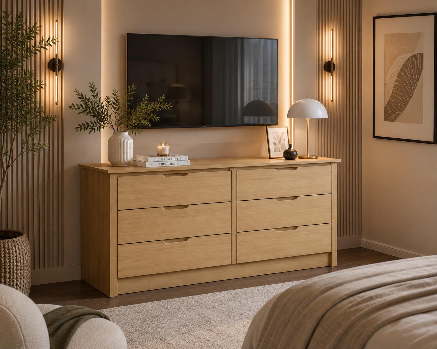 6 Drawer Wood Dresser, Wide Chest of Drawers, Modern Bedroom Storage