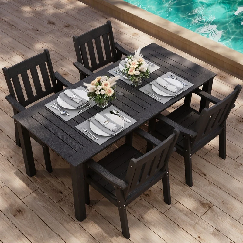 WINSOON 5-Piece HIPS All Weather Outdoor Patio Dining Sets with Umbrella Hole& Aluminum Frame,1-Table 4-Chairs