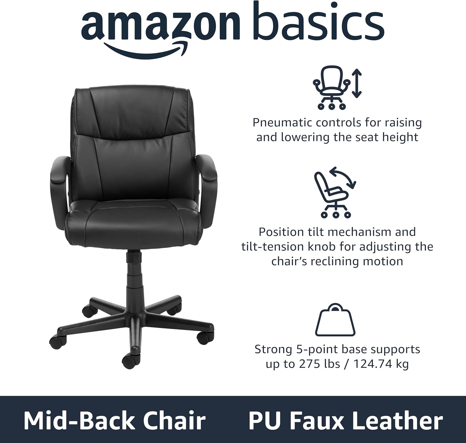 Amazon Basics Office Task Chair with Adjustable Height, 360° Swivel, Padded Armrests, Mid-Back, Rolling, 275 Pound Capacity, 24.2D x 24W x 34.8H, Black Faux Leather
