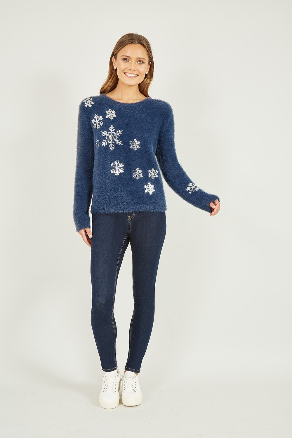Yumi Navy Sequin Snowflake Fluffy Jumper