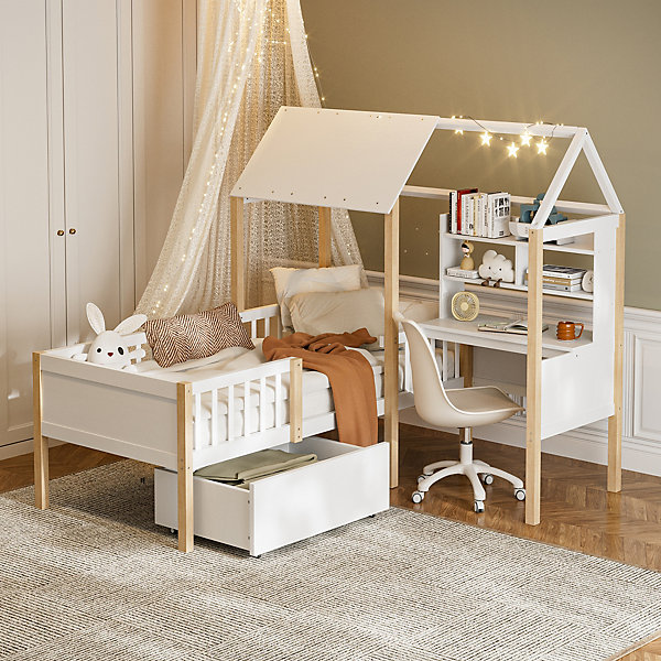 Lit 90x200 cm en bois massif et MDF, forme maison avec bureau en L intégré, tiroirs roulants, blanc