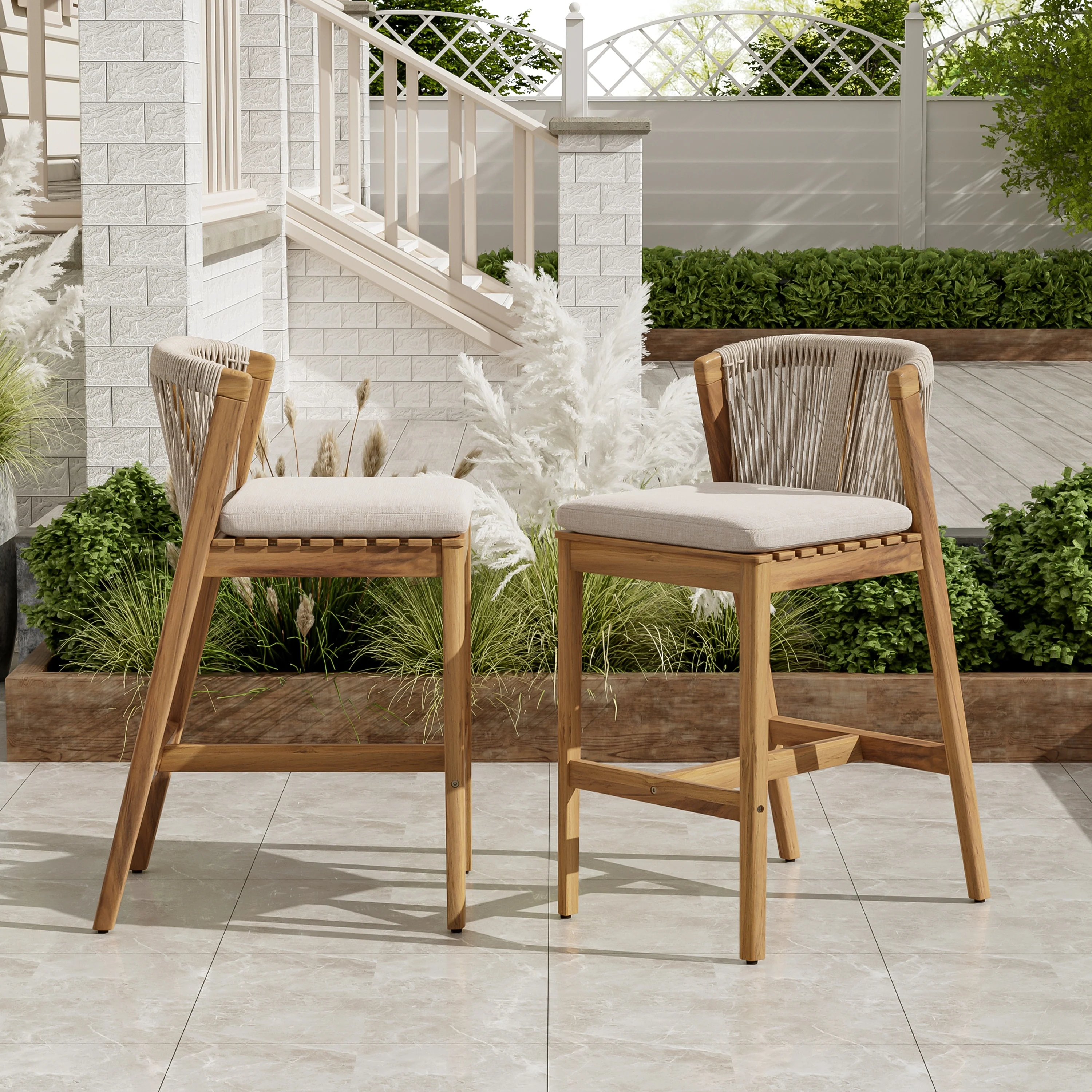 Christopher Knight Home - Louie Outdoor Charm Acacia Wood Rope-Weave Barstool Set with Cushions