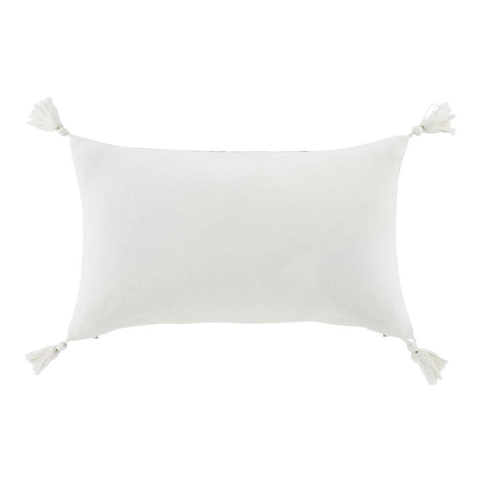 GRIMAUD - Coussin en coton et lin imprimé bleu canard, bleu vert et bleu gris avec pompons écrus 30x50