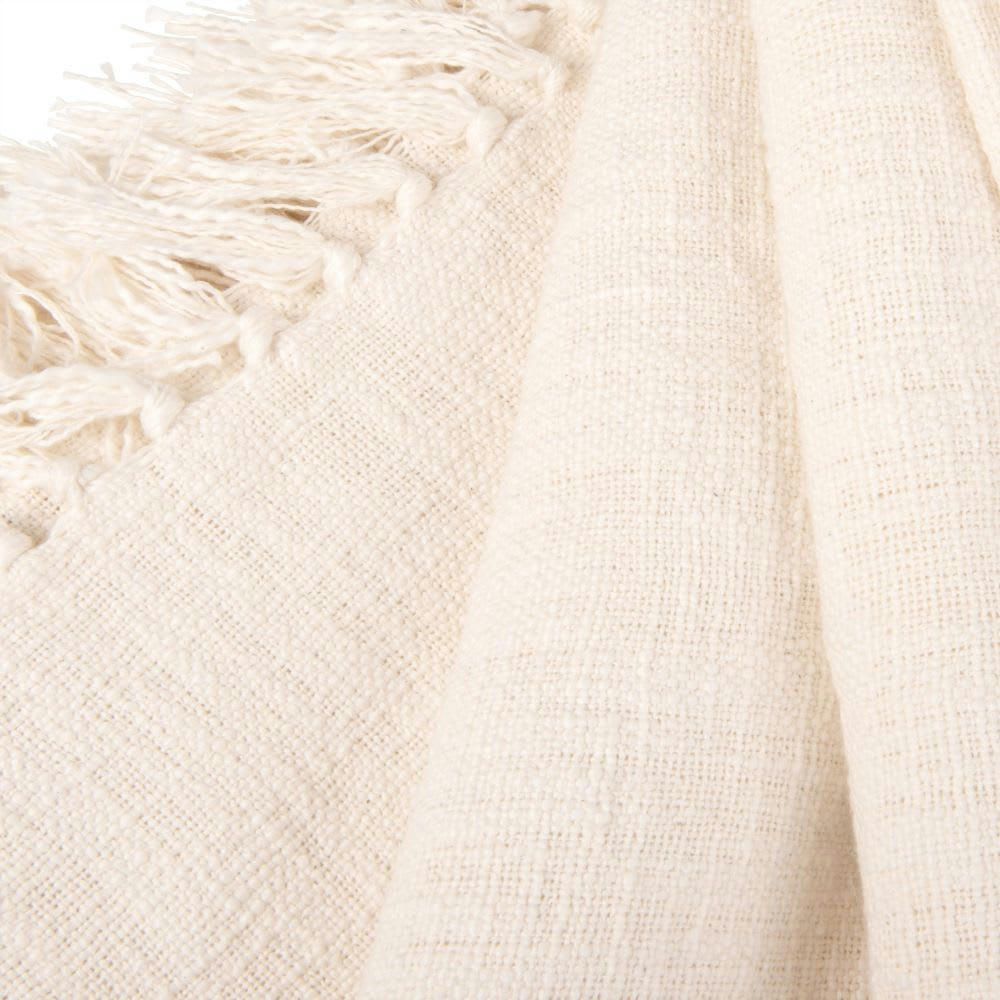 LIMA - Plaid en coton recyclé écru à franges 160x210