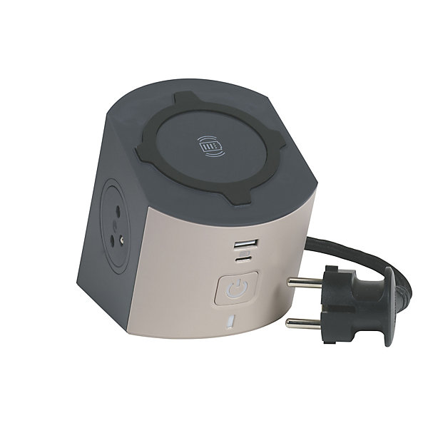 Multiprise 2 prises   2 chargeurs induction Qi USB-A et C Legrand Taupe et gris 2 m