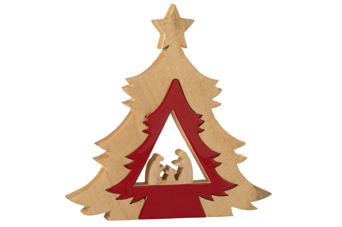 J-Line decoratie Kerststal in Boom   Ster - hout - rood/naturel