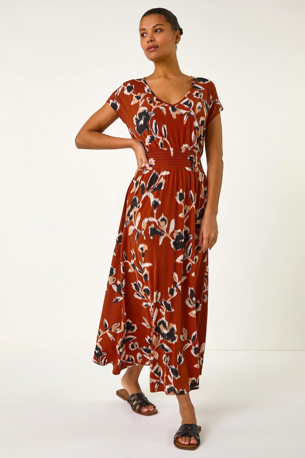 Roman Abstract Stretch Ruched Waist Maxi Dress