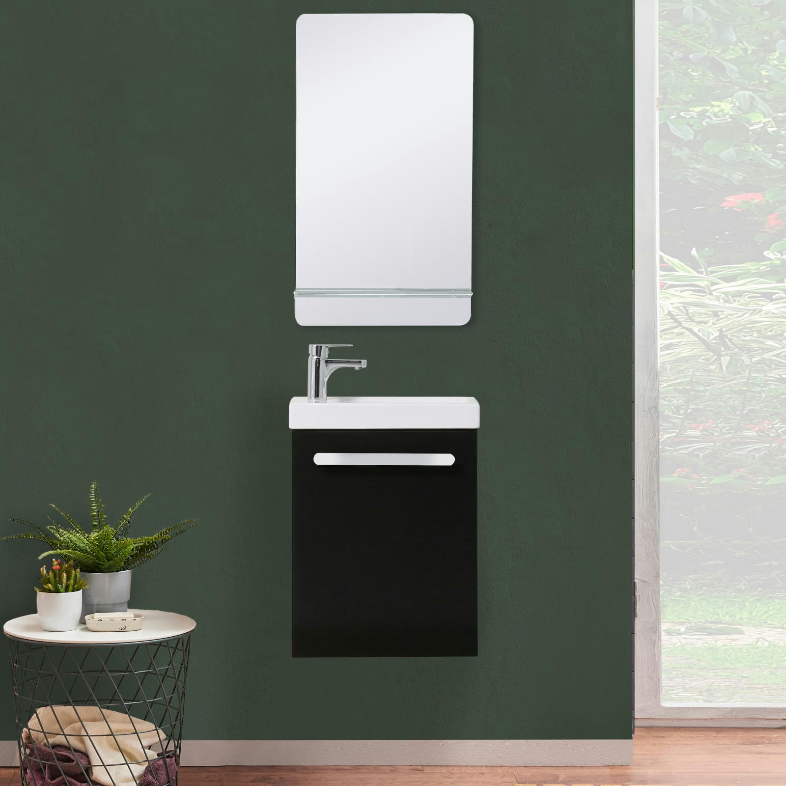 NEVADA - Meuble lave-mains  Noir + robinet chromé + miroir tablette blanche