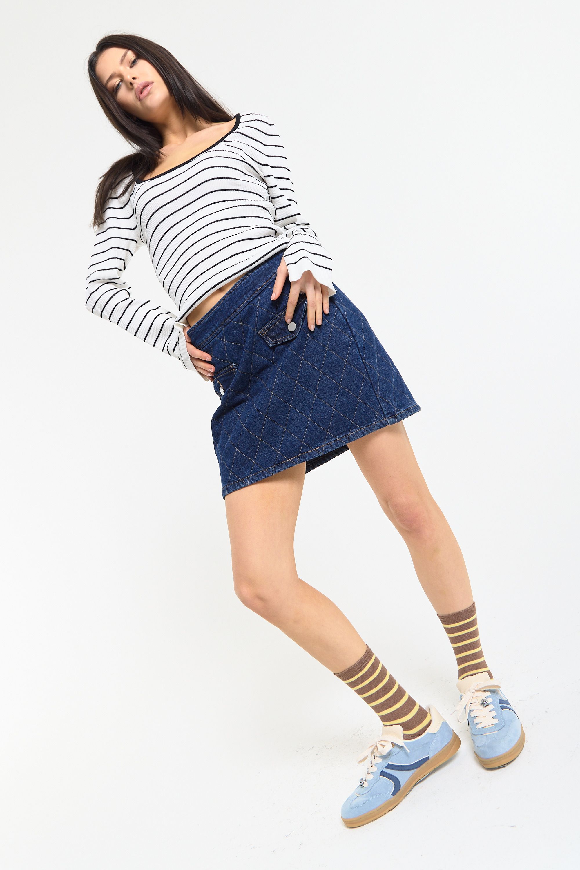 House of Holland Striped Ribbed Knit Long Sleeve Top