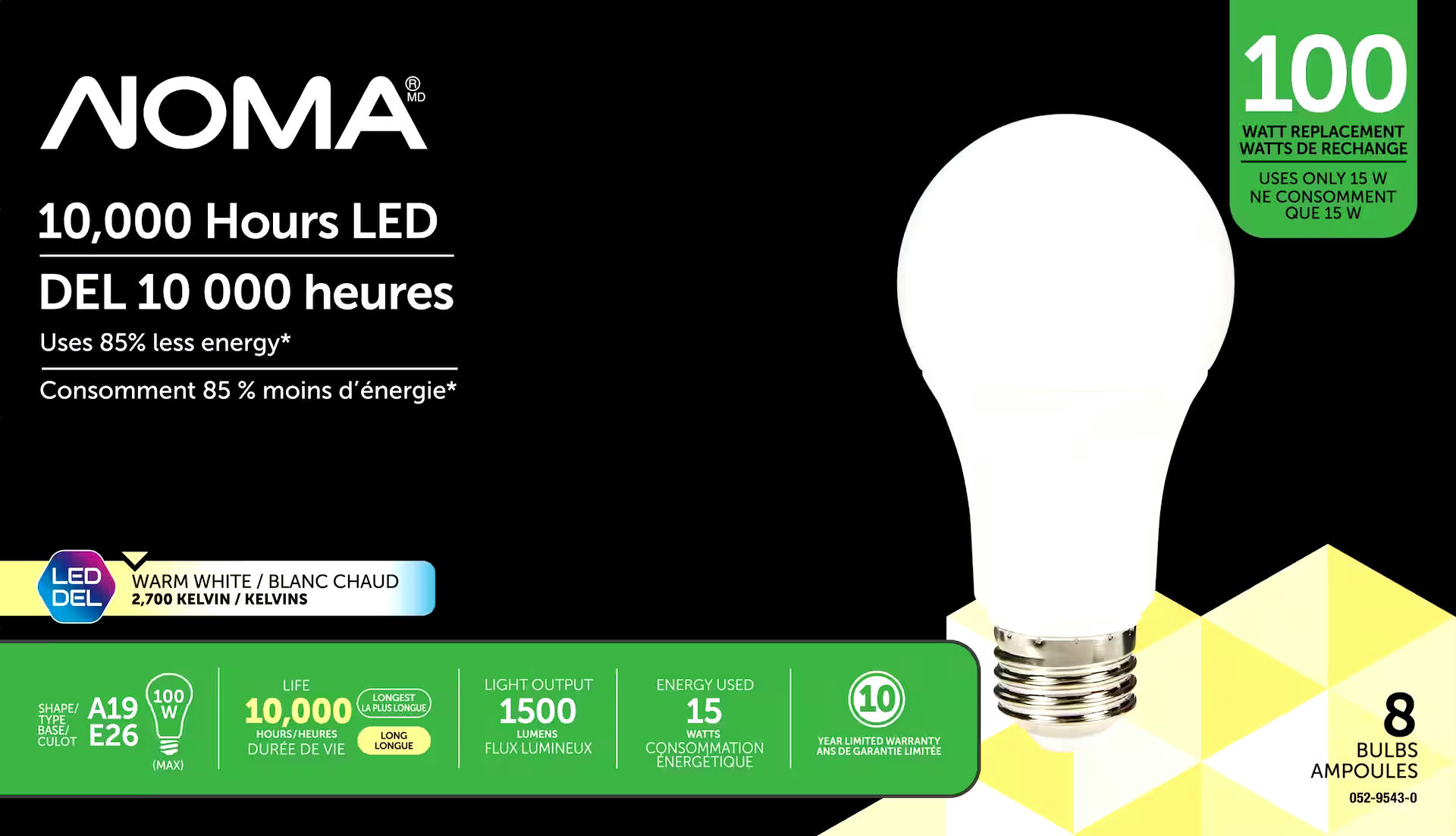 NOMA A19 E26 Base Household Non-Dimmable LED Light Bulbs, 1500 Lumens, Warm White, 100W, 8-pk