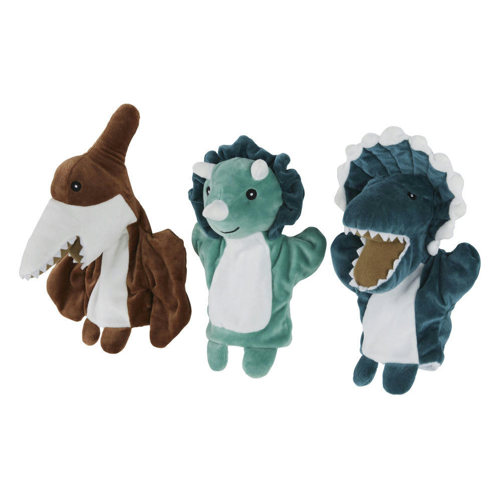 - Marionnettes de main dinosaure bleues, vertes, marron et blanches (X3)