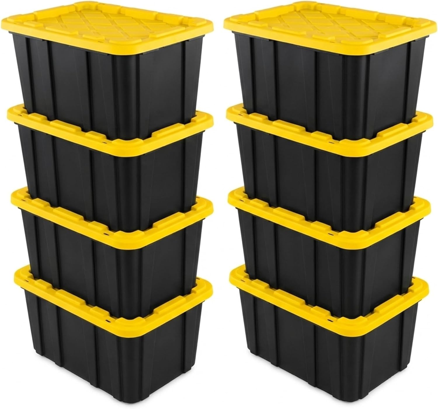 Sterilite 8-Pack 27 Gallon Industrial Storage Tote, Heavy-Duty Plastic Bins, Black/Yellow - Stackable Utility Organizers with Lids for Garage, Camping Tools, and Outdoor Gear