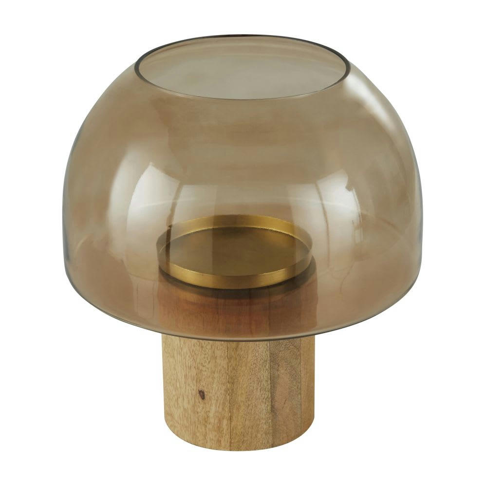 - Photophore en verre fumé marron et socle en bois de manguier
