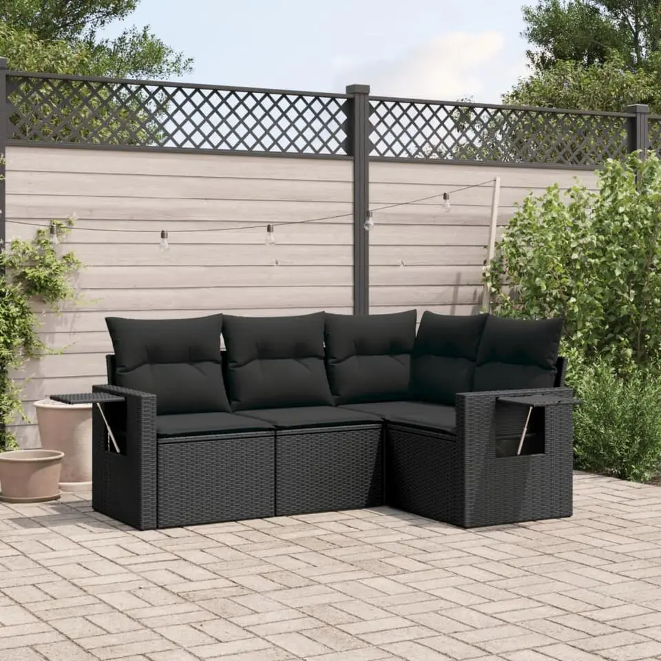 vidaXL - Loungeset - Zwart - Poly rattan - 4 stuks - Met kussens