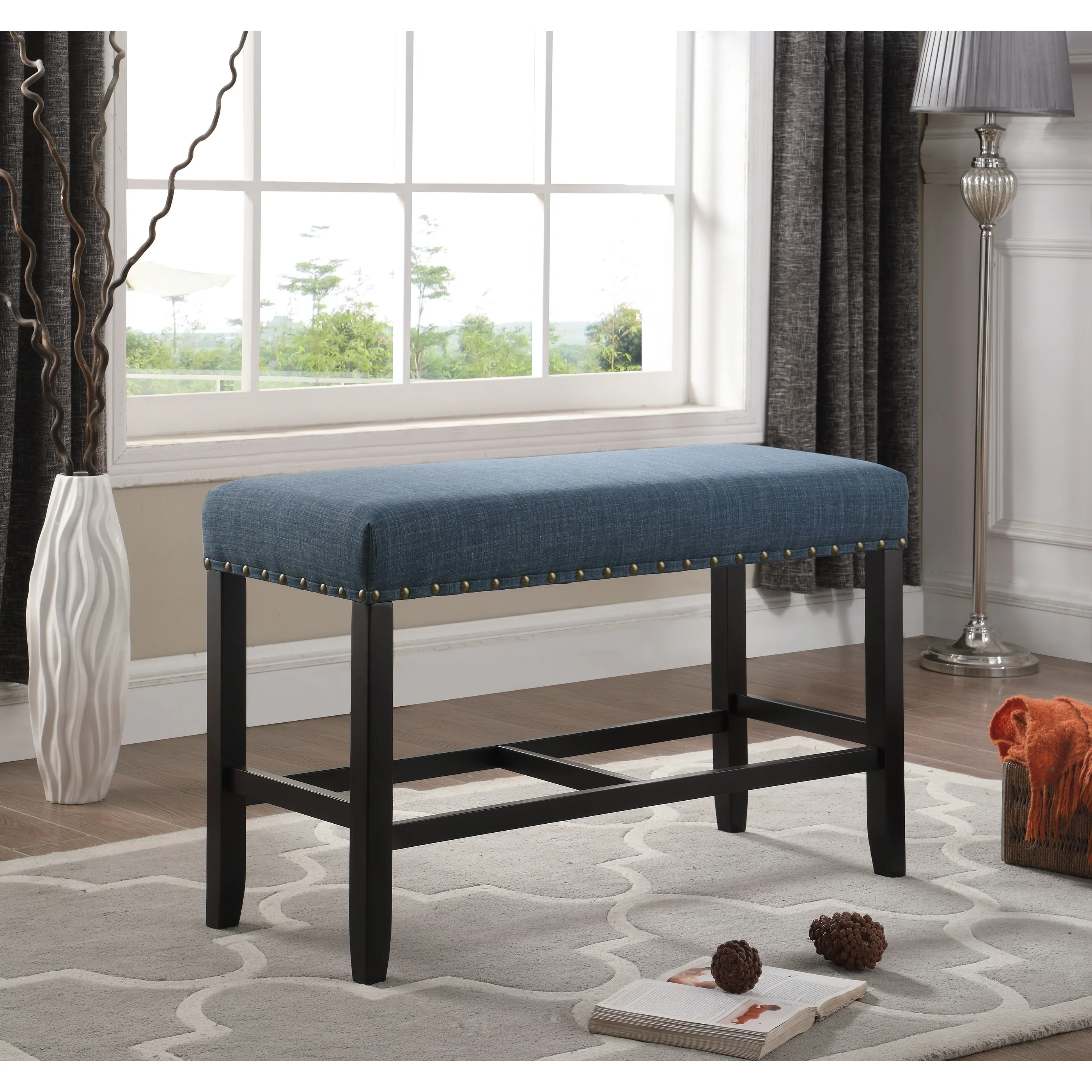 Roundhill Furniture Biony Blue Fabric Pub-Height 25.5 Dining Bench with Nailhead Trim