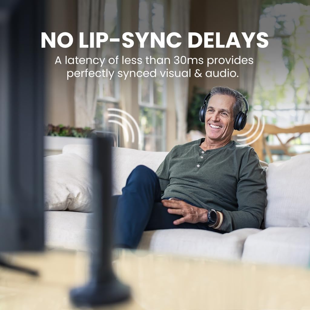 Avantree Opera Plus – Wireless Headphones for TV Watching  Clear Dialogue & Volume Boost for Seniors  Optical Soundbar Passthrough  Charging Transmitter Base
