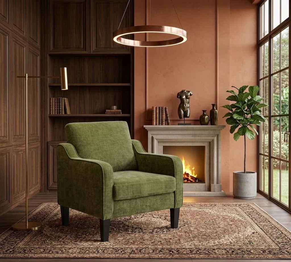 Olive Green Chenille Accent Chair, Mid Century Scooped Armchair with Wood Legs, Cozy Reading Chair for Bedroom, Comfy Living Room Seating