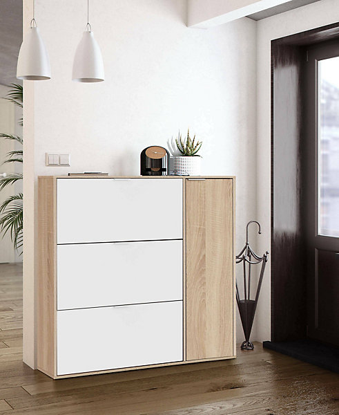Meuble chaussures Provo, armoire à chaussures 4 portes, armoire basse polyvalente avec 5 étagères, 106x22h115 cm, chêne et blanc