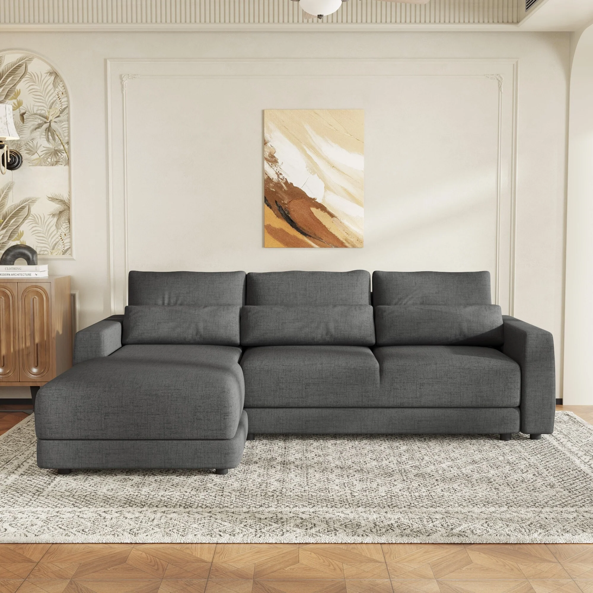 3 Seat Modular Sofa L-shaped Sectional Sofa, Deep Seat Couches with Removable Back Cushions and 3 Pillows for Living room