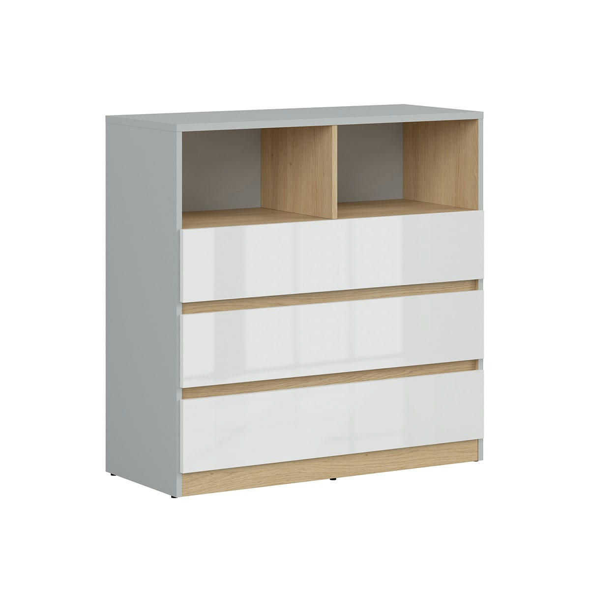 - Commode 3 tiroirs 2 niches gris et blanc