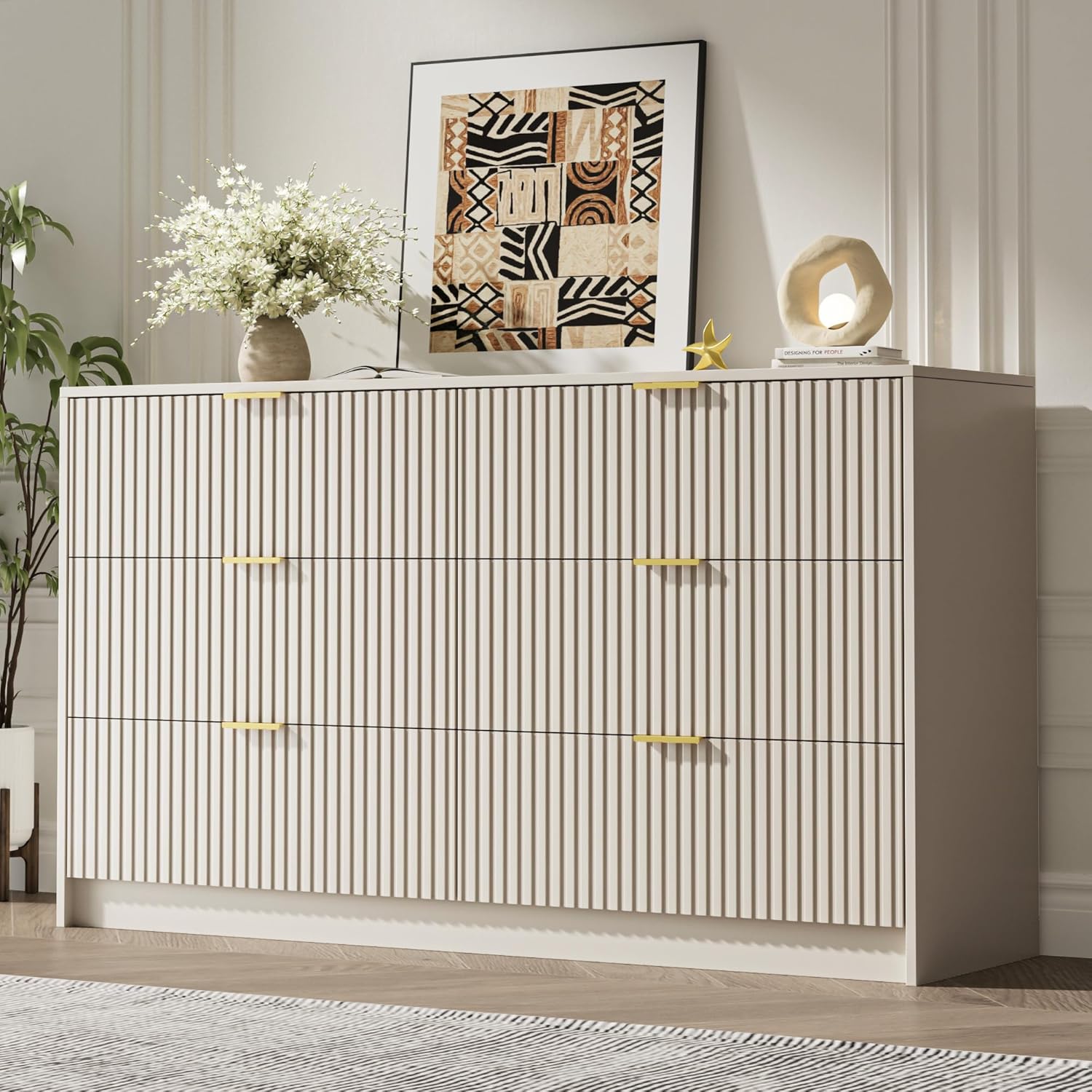 6 Drawer Dresser for Bedroom, 55 Wide Modern Chest of Drawers with Gold Metal Handles, Fluted Wood TV Stand for Living Room, Hallway(Beige)