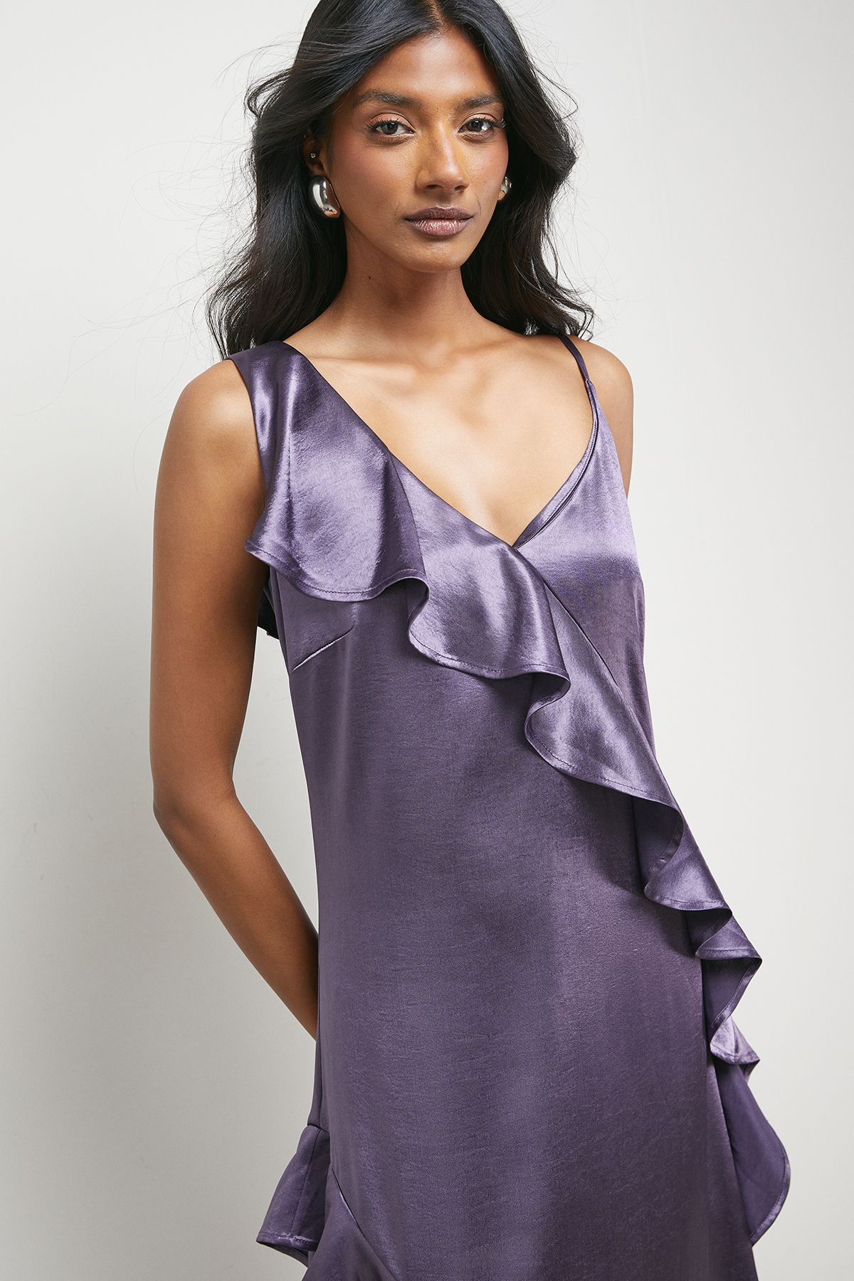 Warehouse Metallic Satin Ruffle High Apex Midi Slip Dress