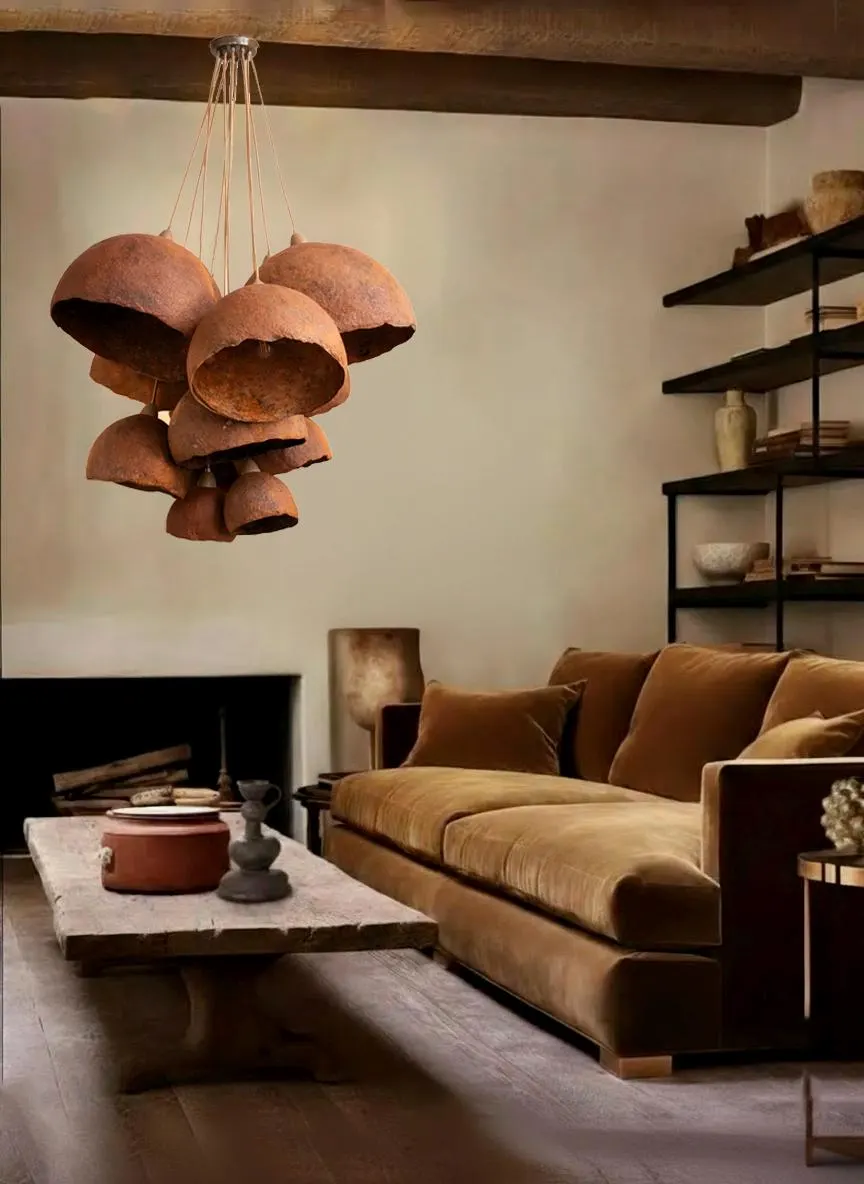 Large paper mache chandelier handmade sculptural pendant light rustic ceiling fixture eco organic decor statement lighting cluster GRONO 11