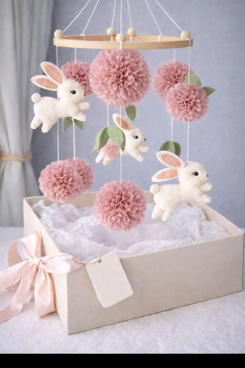 Bunny baby mobile with tiul pom poms, rabbit nursery decor, crib mobile, baby shower gift