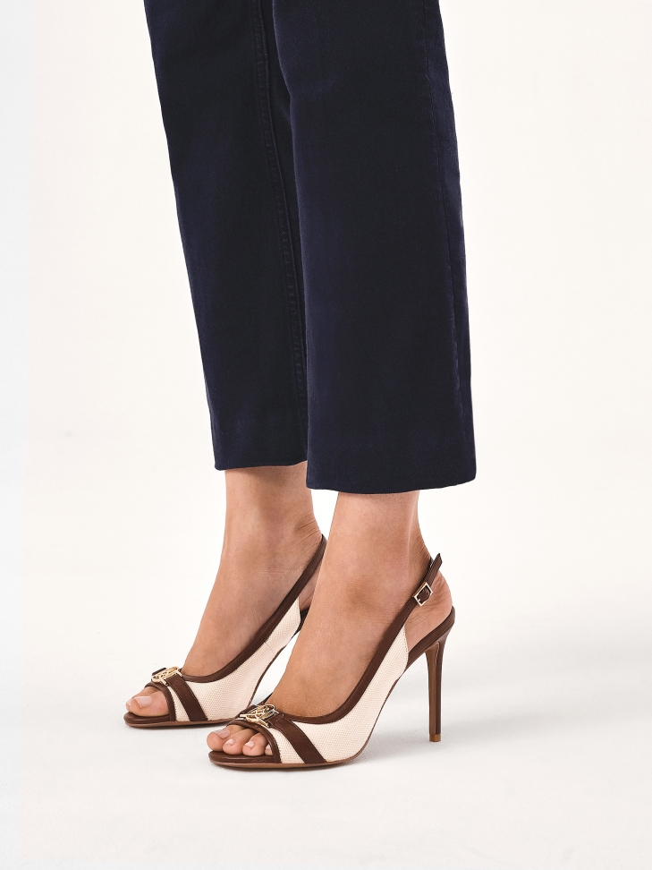 Brown and beige leather and fabric sandals