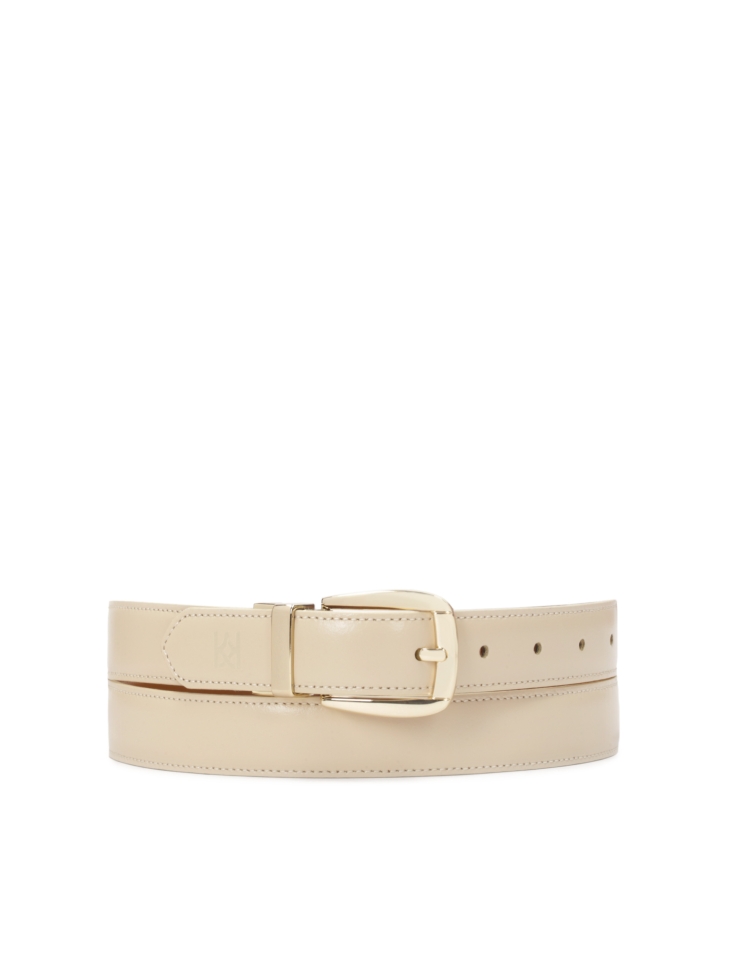 Double-sided belt in beige and brown color with gold buckle