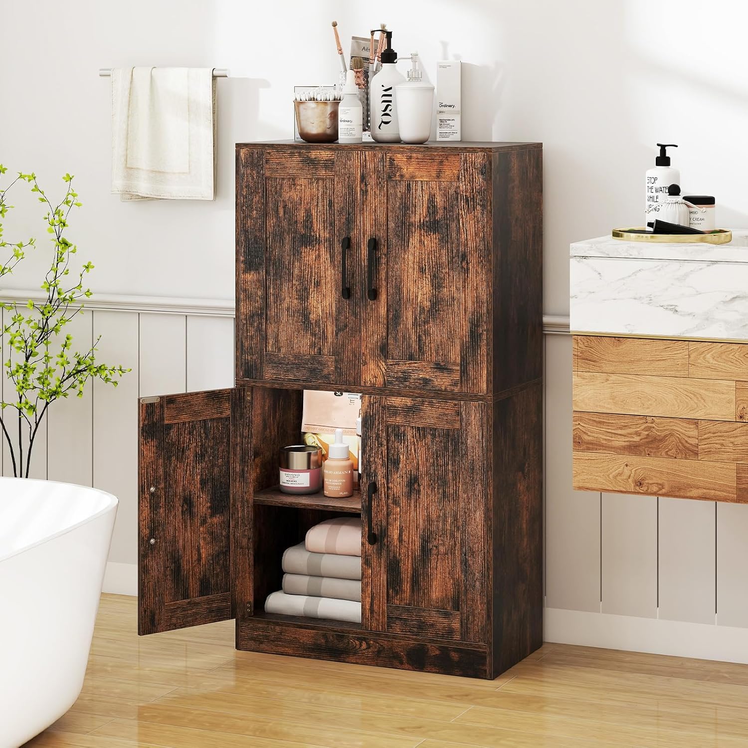 Giantex Bathroom Cabinet, 43.5” Storage Cabinet with Doors & Adjustable Shelves, Kitchen Pantry, Storage Organizer for Living Room Dining Room Study (Rustic Brown)
