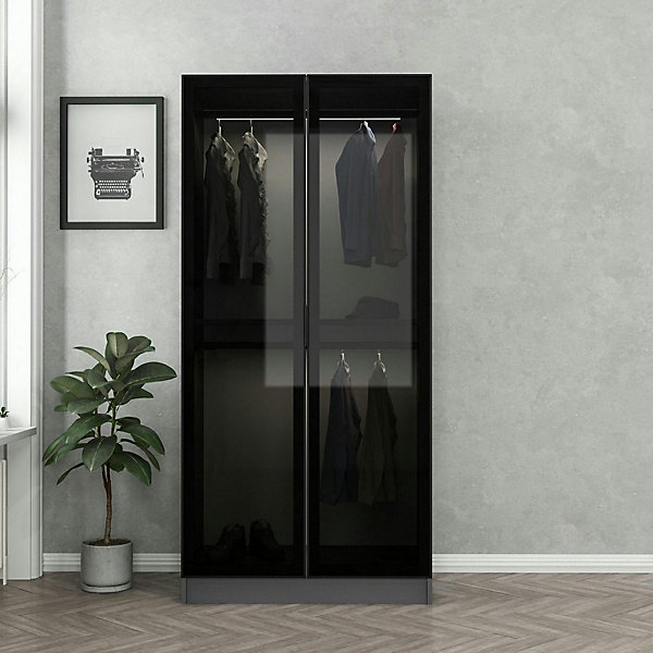 Armoire penderie design grise 2 portes vitrées BYRON