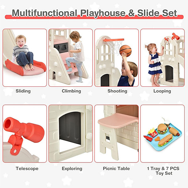 Maison de Jeu   Toboggan et Jouets pour 5 Enfants 3-8 Ans,164x124x132CM,Cabane de Jardin Enfant,Rose