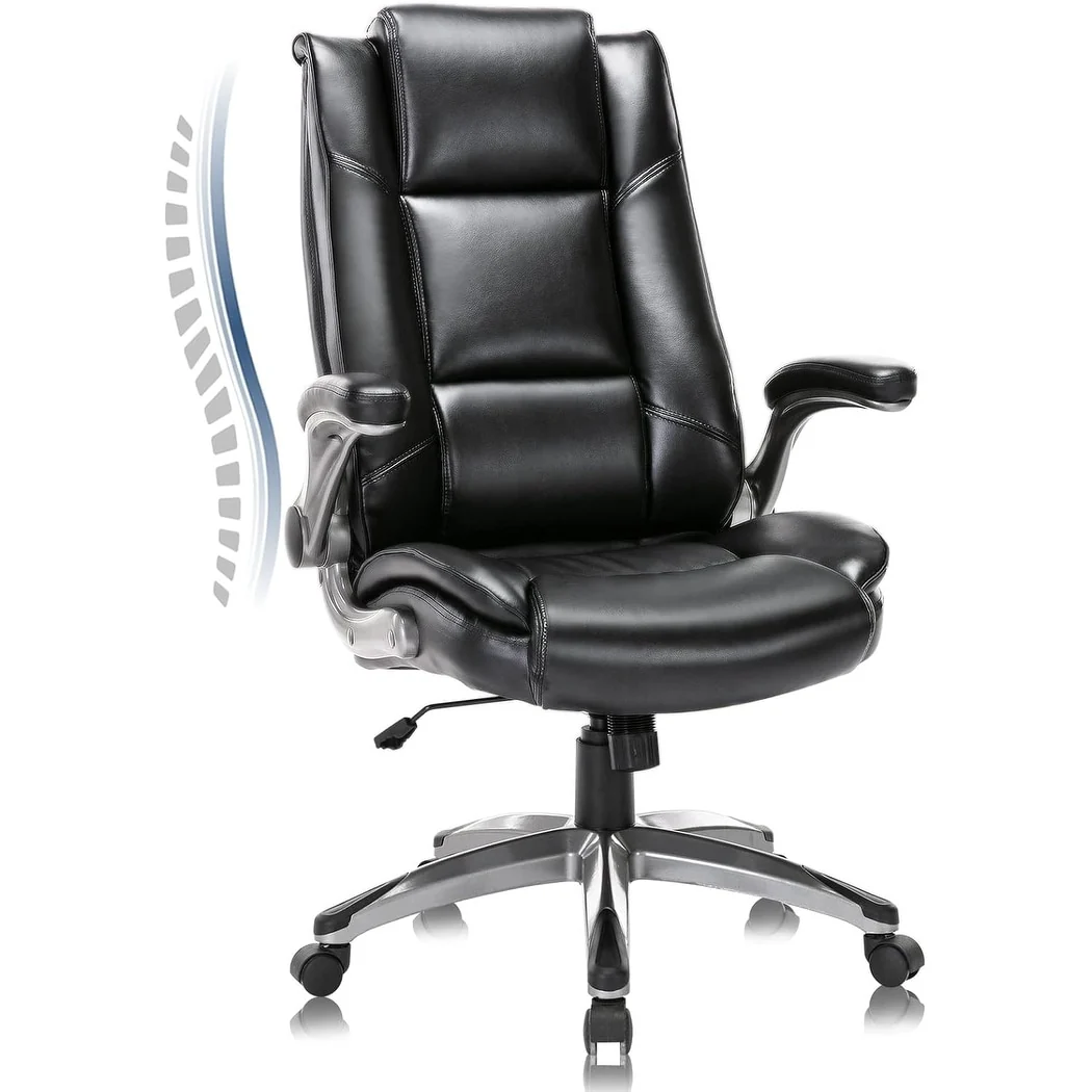 Leather Executive Office Chair- High Back Home Computer Desk Chair with Padded Flip-up Arms, Adjustable Tilt Lock
