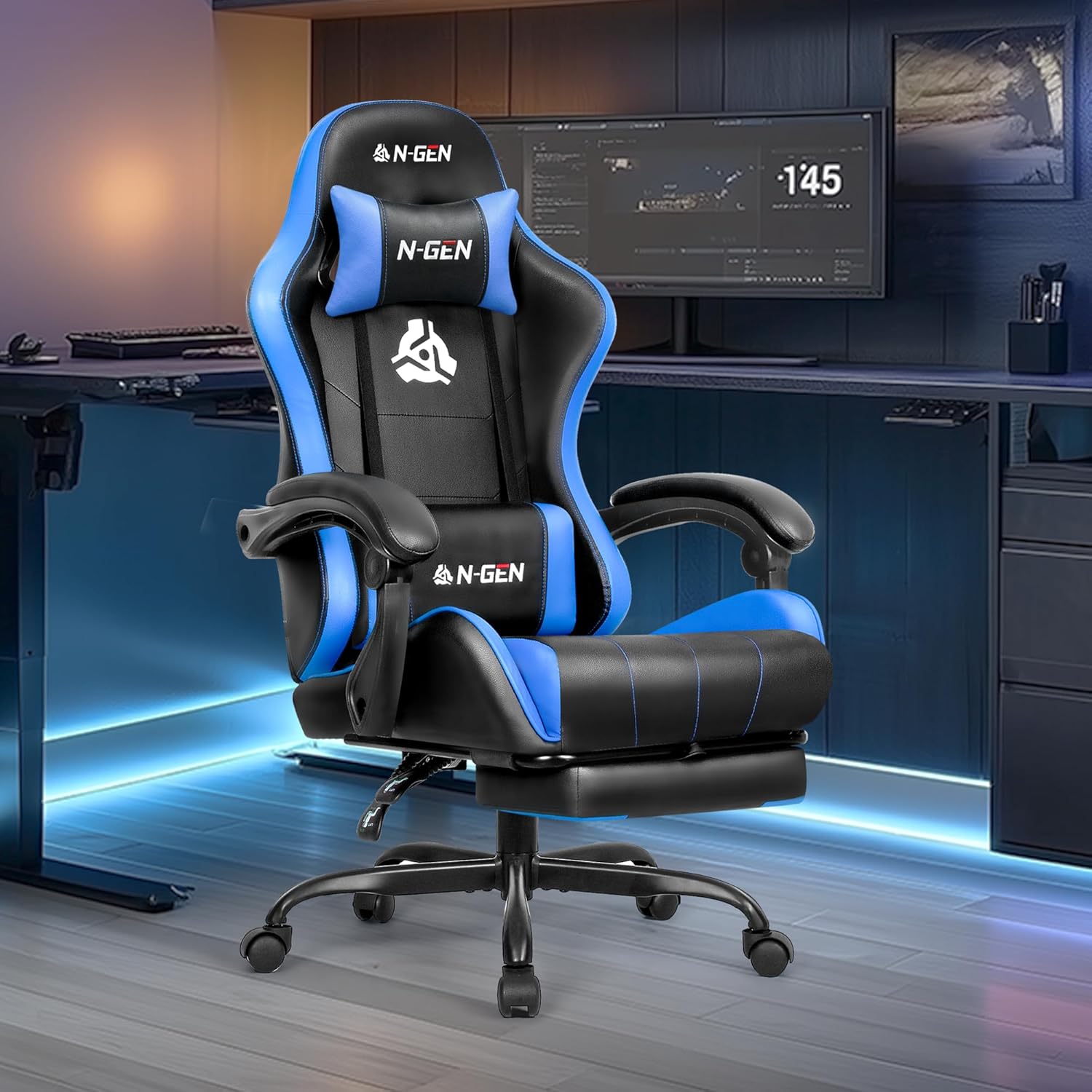 N-GEN GAMING Video Gaming Chair with Footrest Lumbar Support for Home Office High Back Recliner Height Adjustable Ergonomic Comfy Leather Computer Desk Chair (Blue)