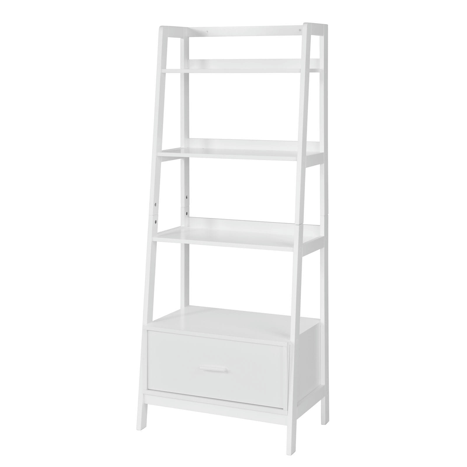 - Étagère style échelle de 4 niveaux et 1 tiroir effet bois blanc