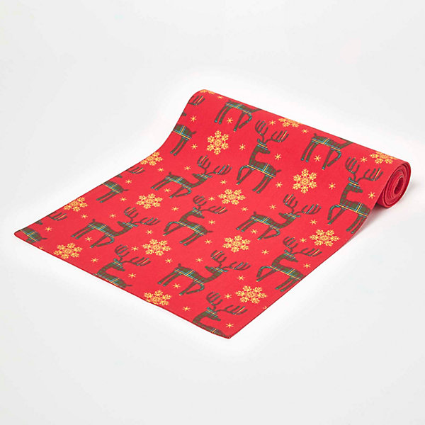 Chemin de table de noël rennes rouge en coton, 35 x 250 cm - HOMESCAPES