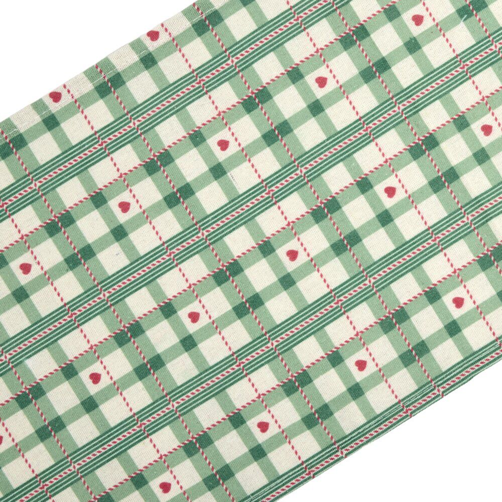 Chemin de table imprimé tartan et coeur L300X28 cm vert rouge et blanc