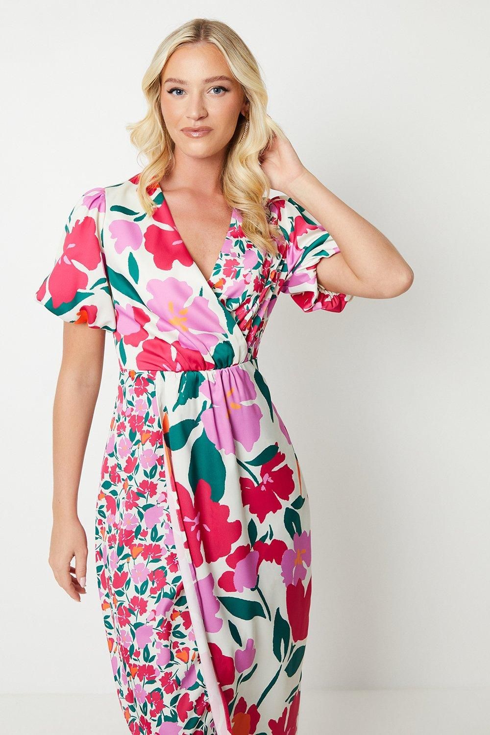 Debut London Debut London by Coast Satin Peony Puff Sleeve Dress