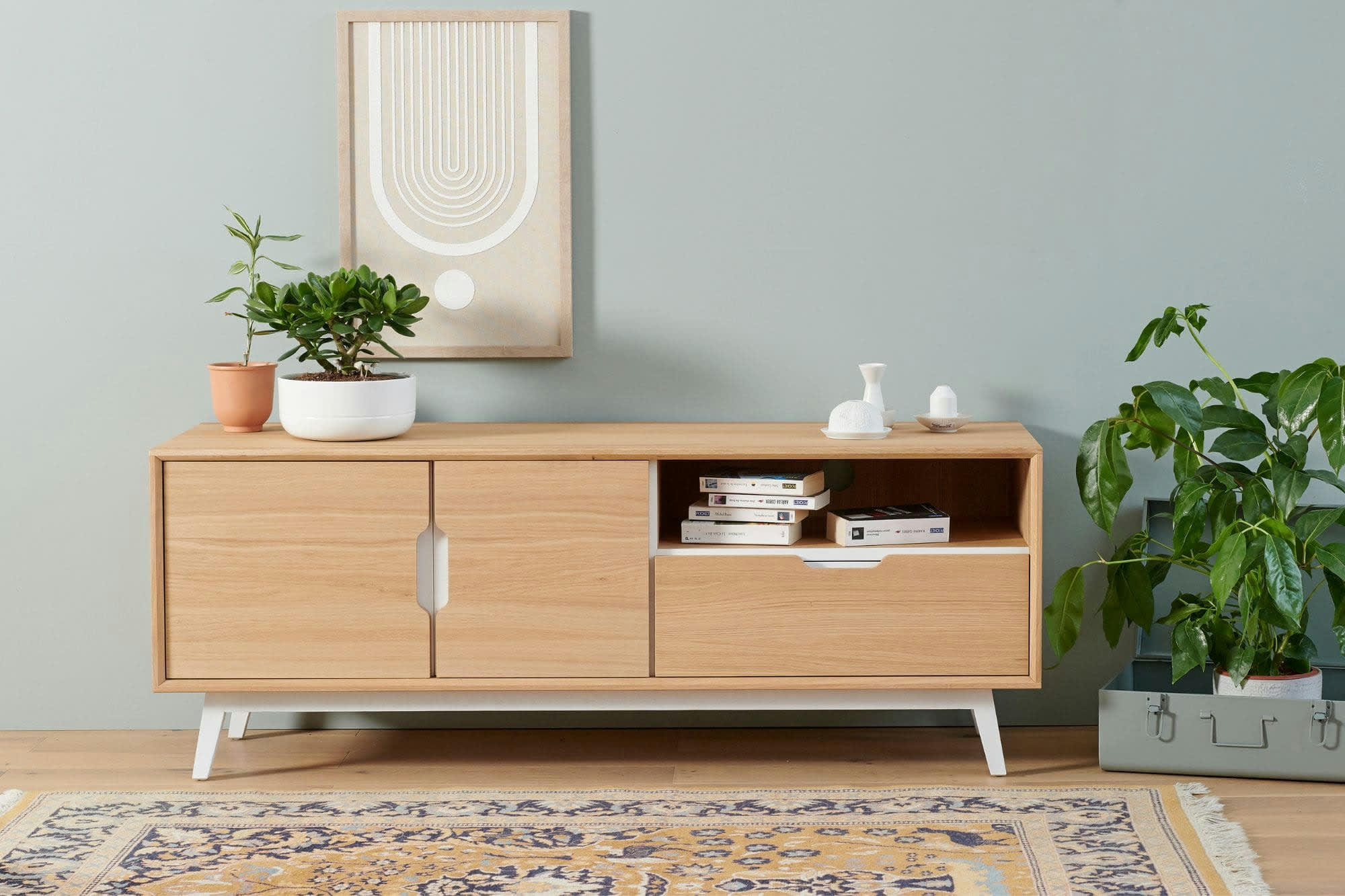 JOYCE - Meuble TV bas nordique en bois, coloris blanc