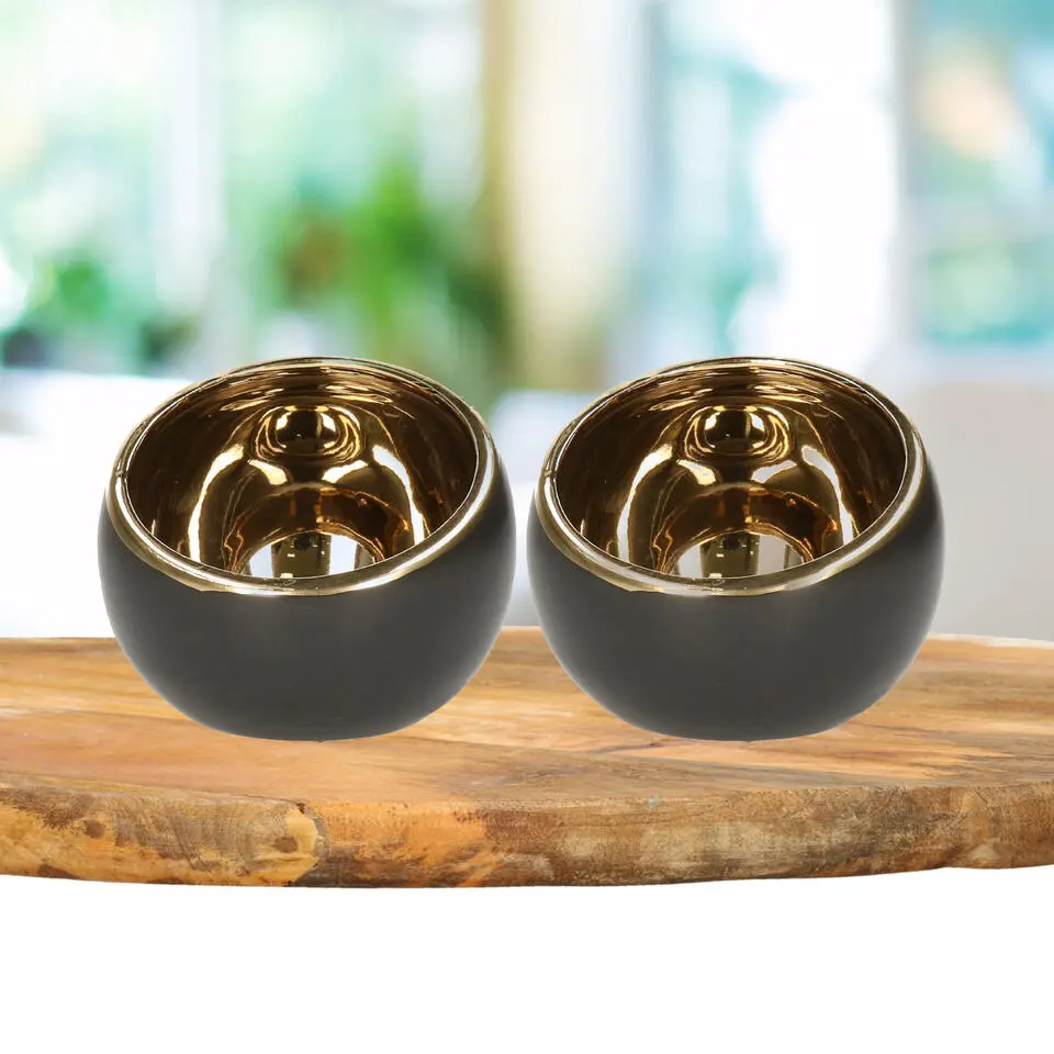 Countryfield theelichthouder/kaarsenhouder - zwart/goud - 13.5 cm
