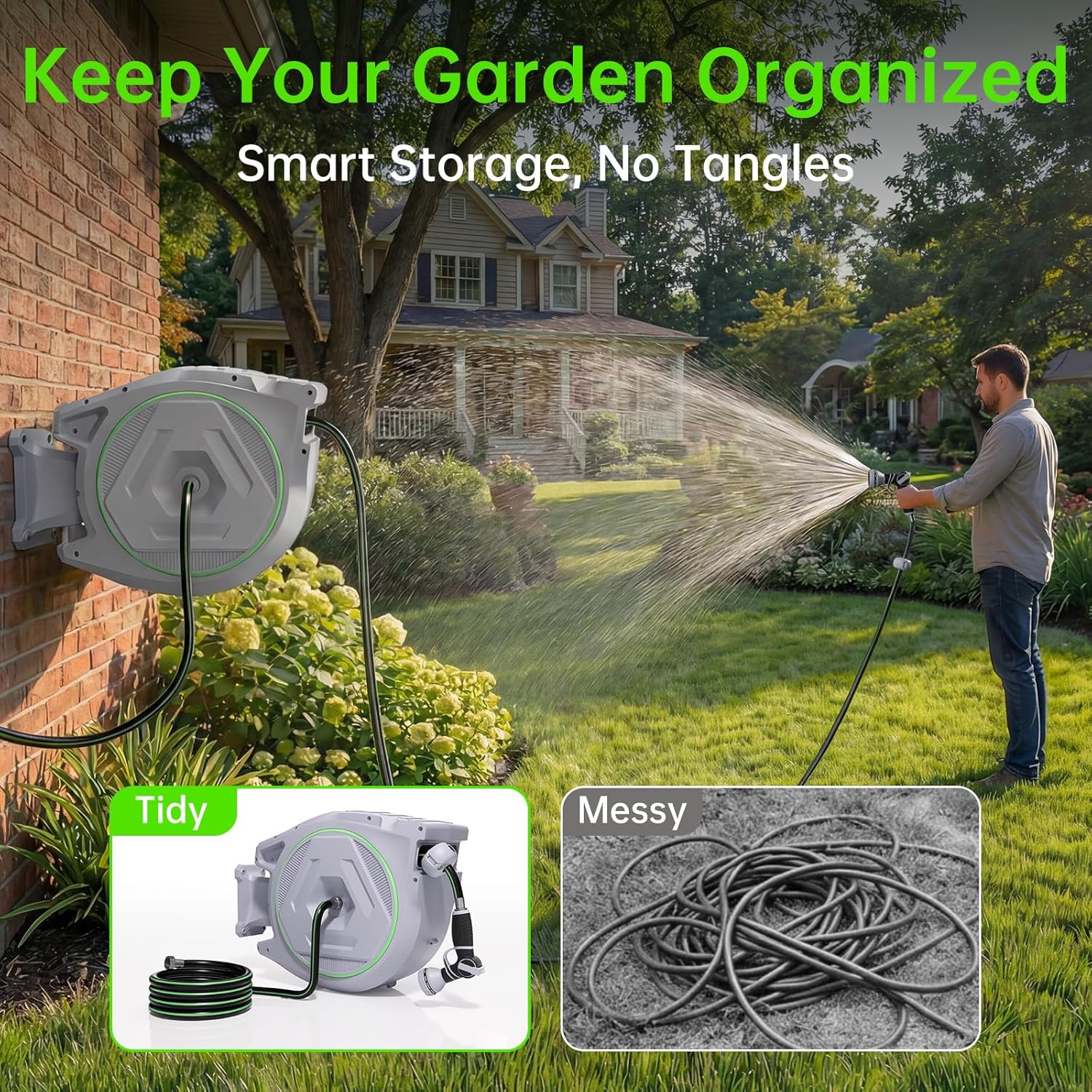 Retractable Garden Hose Reel 5/8 in x 100 ft  Heavy Duty Wall Mounted Water Hose Reel with 9-Pattern Nozzle  Any Length Lock  Automatic Slow Return System  180° Swivel Bracket  UV Resistant