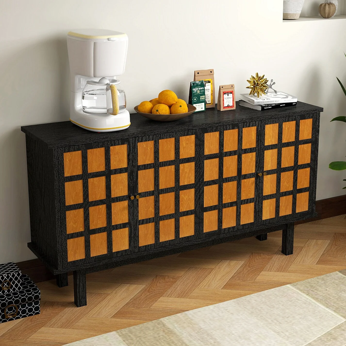 Modern Wood TV Stand for TVs up to 65 Inches ,Stylish Slatted Media Console with Adjustable Shelves