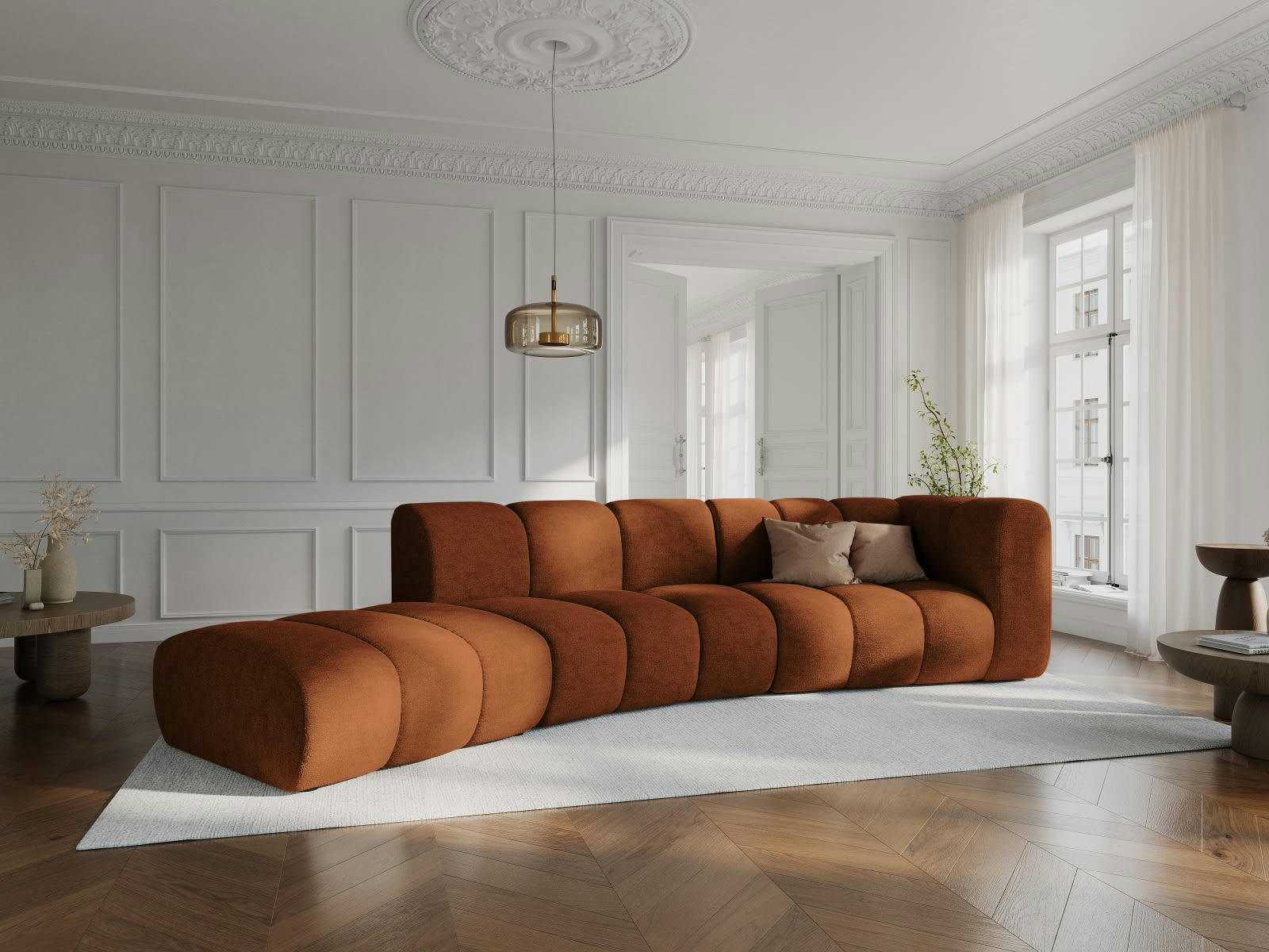 LUPINE - Canapé gauche 5 places en tissu chenille cuivre