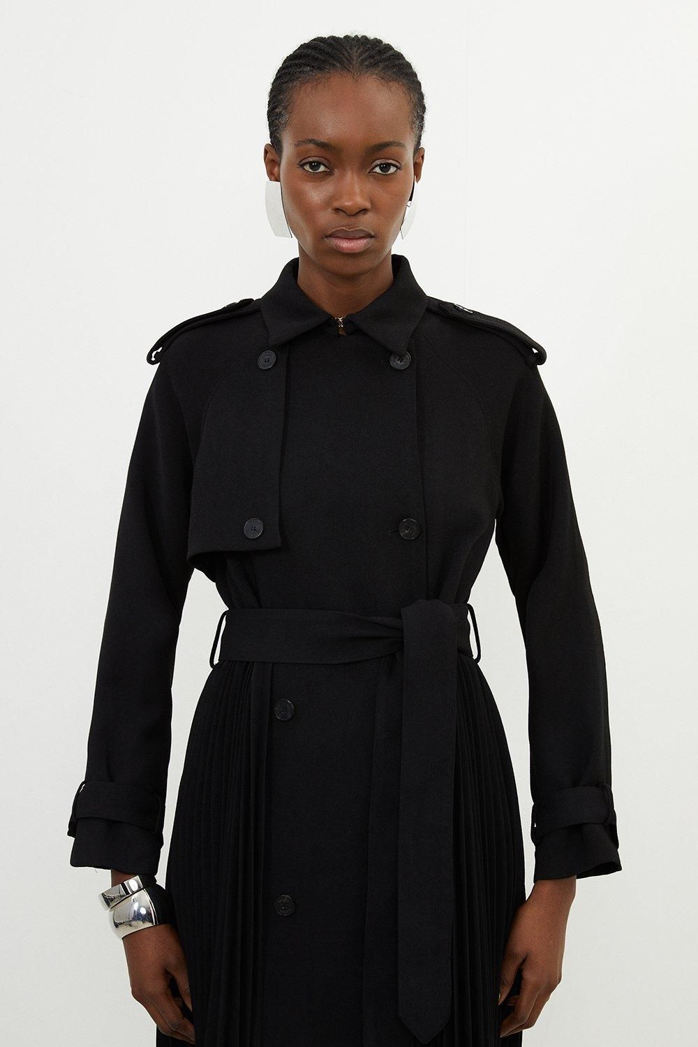 KarenMillen Tailored Pleat Detail Belted Trench Coat