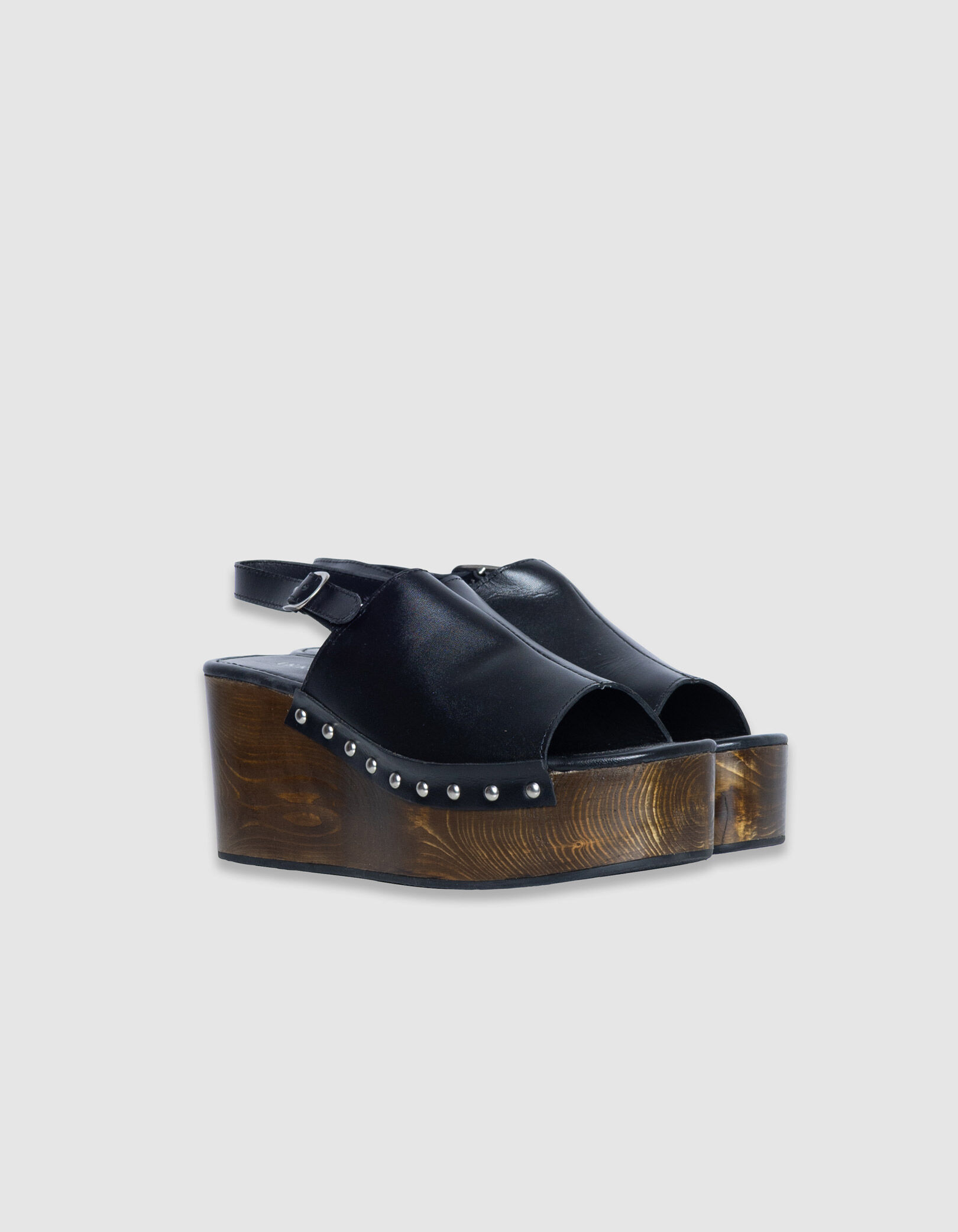 Sandales compensées noir cuir Femme