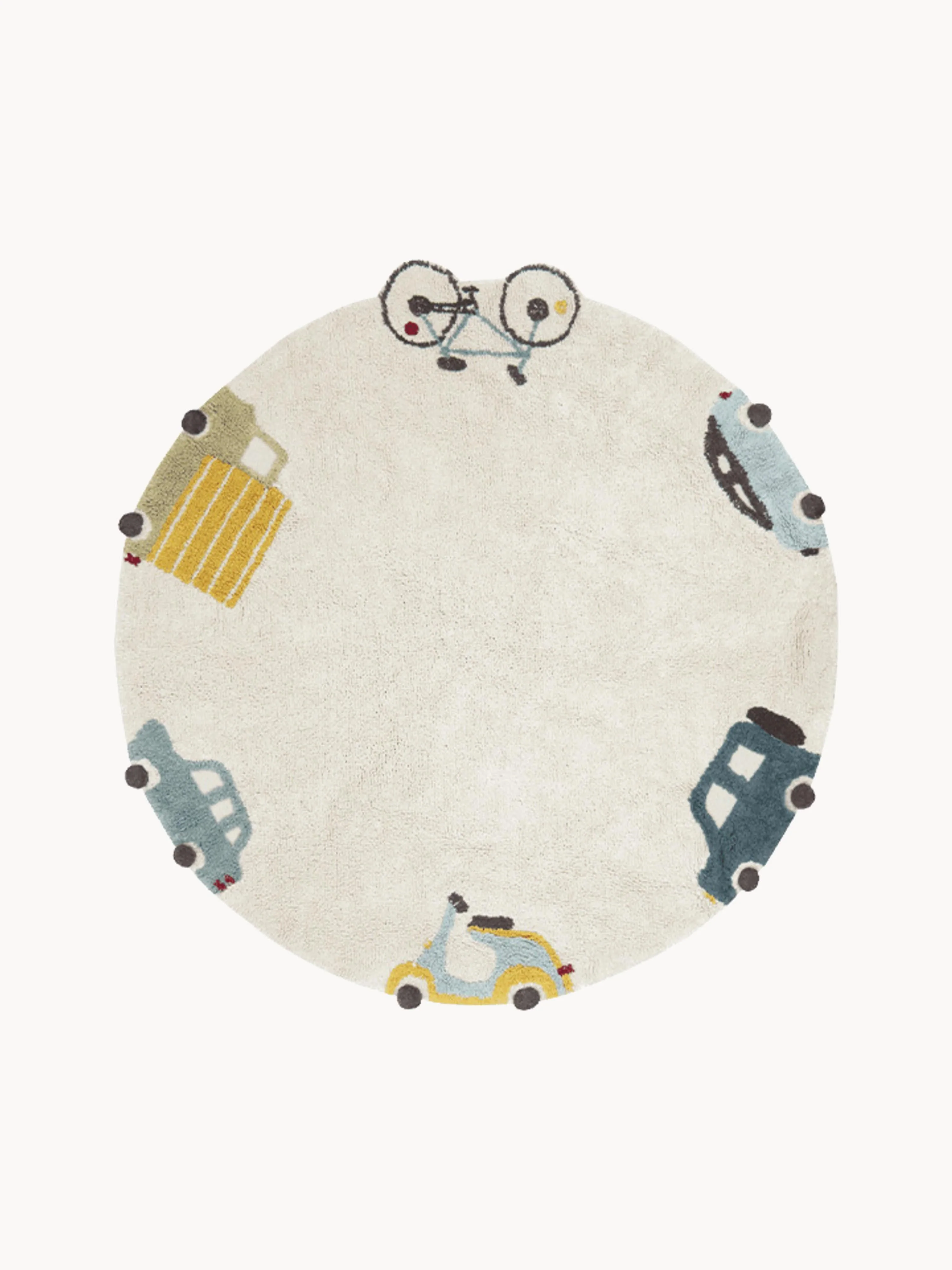 Handgetufteter runder Kinderteppich Wheels mit Hoch-Tief-Effekt, waschbar