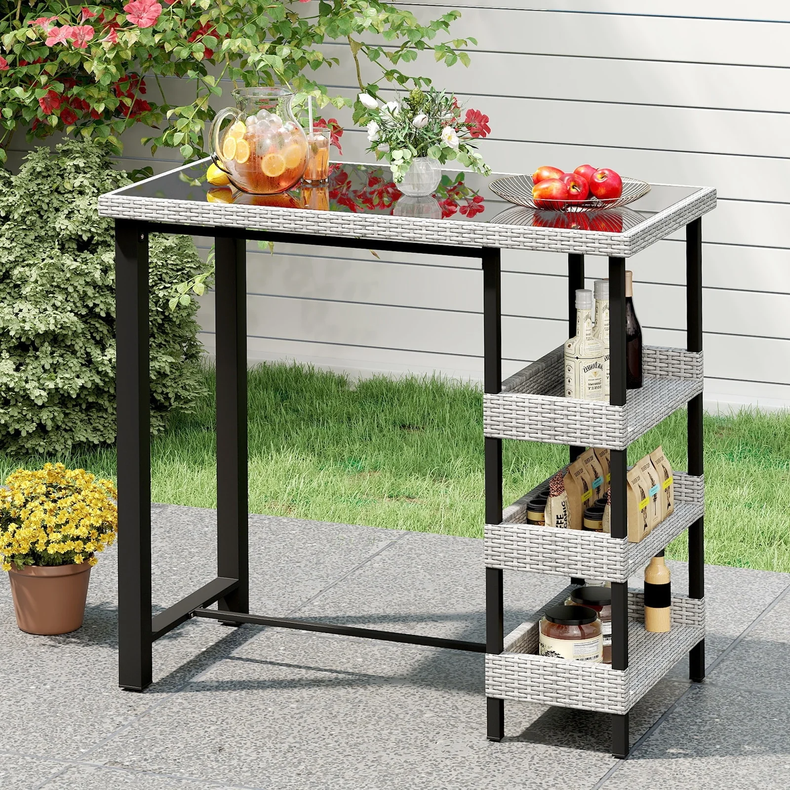 Mix Grey Rattan Metal Bar Table with Glass Top and 3 Storage Shelves - 43.5 L x 22 W x 41 H