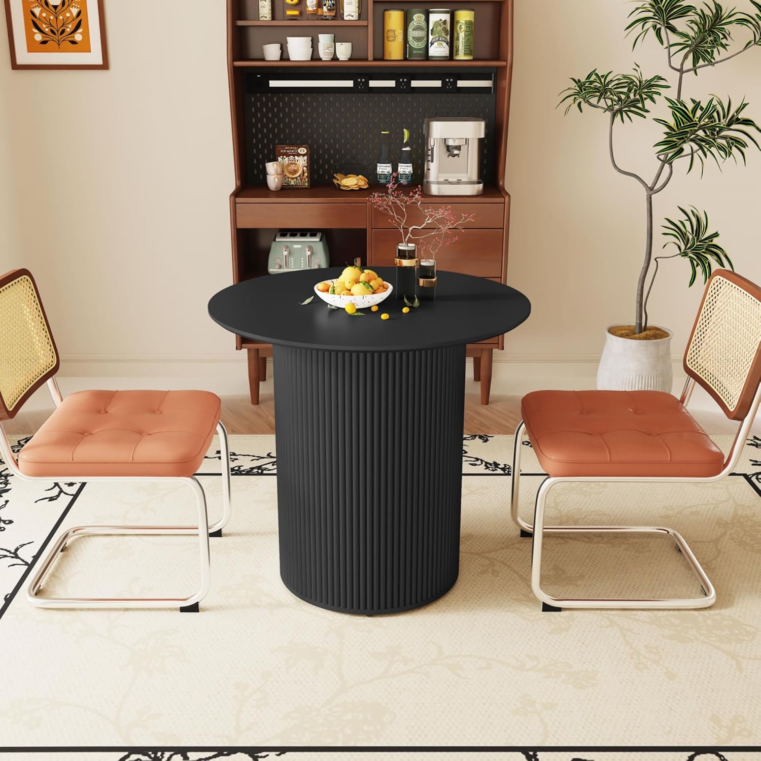 AVZEAR 31.5 Round Dining Table for 2 People, Small Kitchen Dinner Table with Fluted Wood Base, Farmhouse Circle Dining Tables for Home, Kitchen, Dining Room, Living Room (Black)